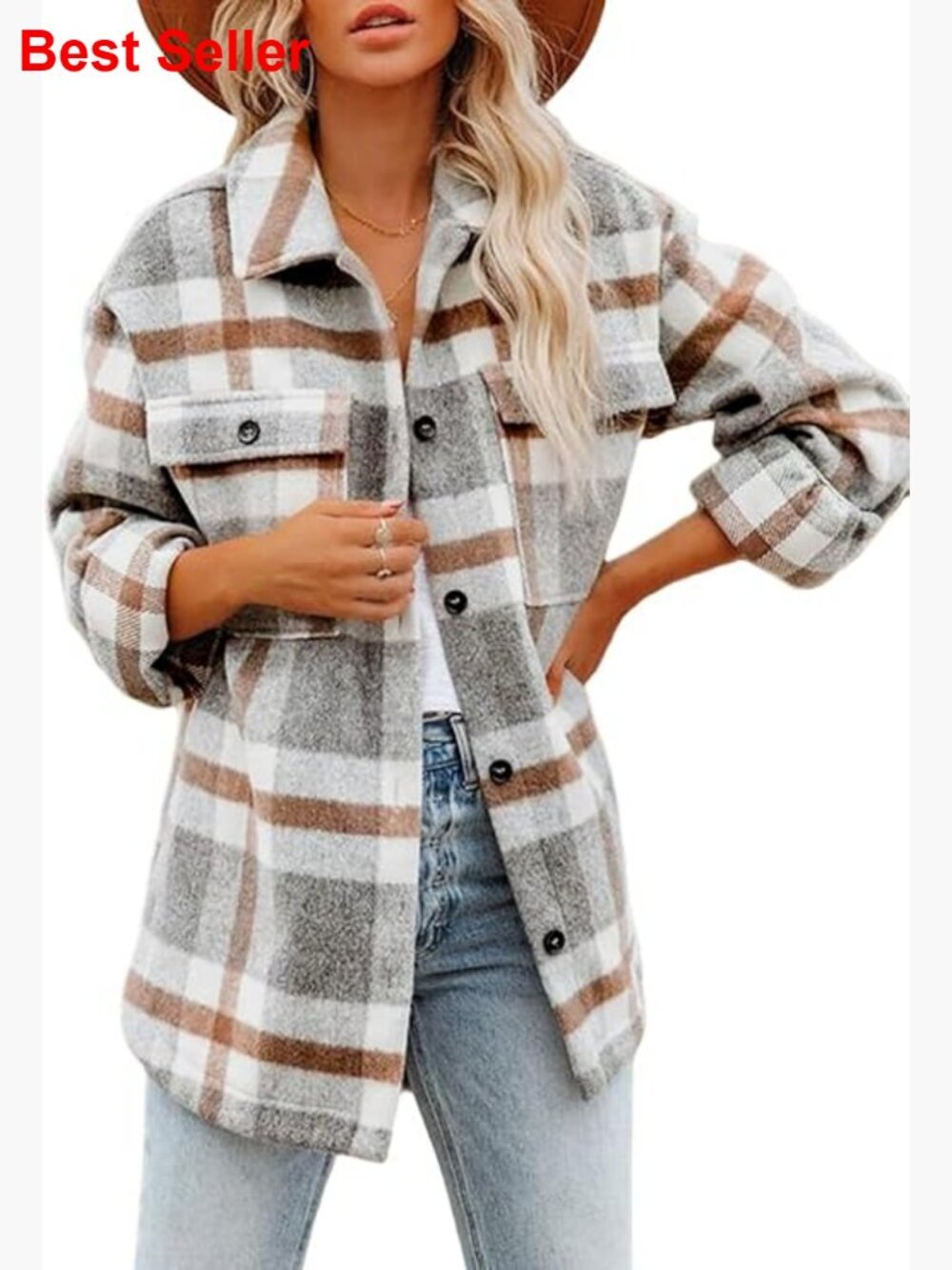 Womens Flannel Plaid Shacket Button Down Long Sleeve Shirt Jacket with Pockets